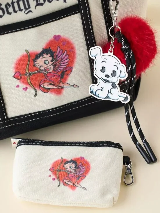 Betty Boop Cupid Tote Bag & Pouch Set w/ Pudgy charm Besitos Lip & Eye Bundle - Picture 4 of 6